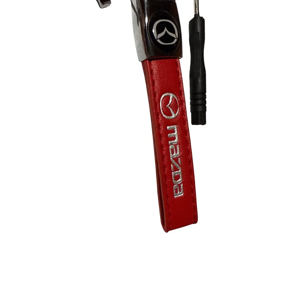 Mazda Red Faux Leather Keychain Silver Embroidered Logo with Mini Screwdriver